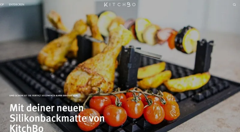 Homepage of the KitchBo Shopify store built by Linus Herrmann, showing the silicone baking mat in use