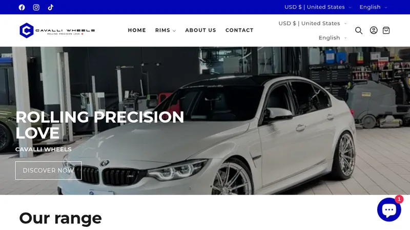 Homepage of the Cavalli Wheels Shopify store for car rims, developed by JR Media