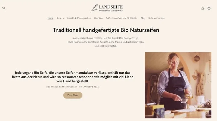 Homepage of the Landseife organic soap Shopify store, moved to Shopify by Linus Herrmann