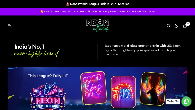 Homepage of the Neon Attack Shopify store with a custom interface built by Ting Works LLP