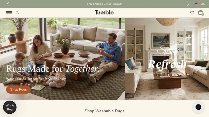 Homepage of the Tumble washable rug store on Shopify, pre-order system client of Techtic Solutions Inc