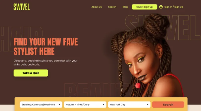 Swivel Beauty hairstylist booking web app homepage with UI designed by STARLIGHT
