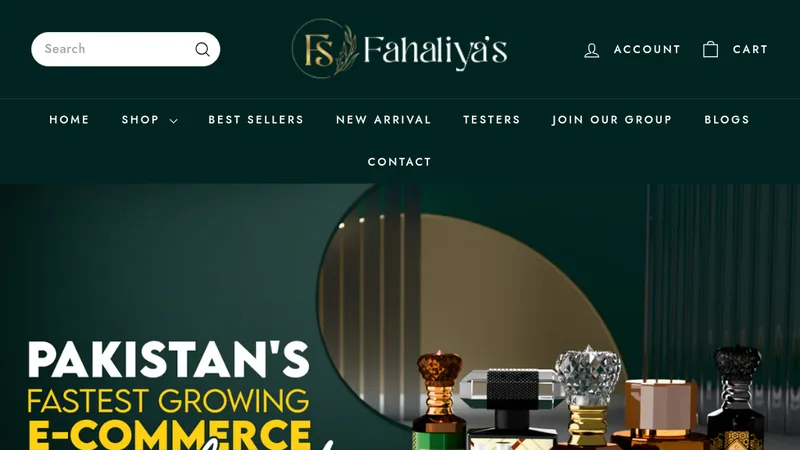 Homepage of the Fahaliyas perfume store on Shopify, a performance marketing client of Tanzilite Marketing Agency