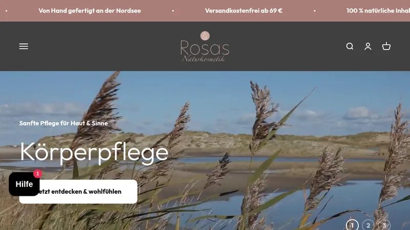 Homepage of the ROSAS Naturkosmetik Shopify store, supported by 5pm Shop Agentur by rankist e.U.