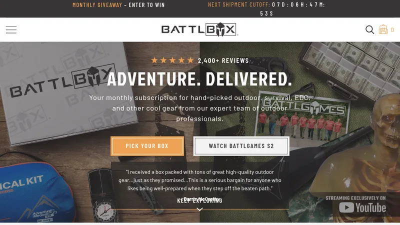 Homepage of the BattlBox Shopify Plus store, migrated from Cratejoy by Power Commerce