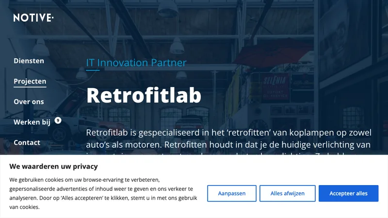 Notive's Retrofitlab case study page introducing the headlight retrofit brand's Shopify project