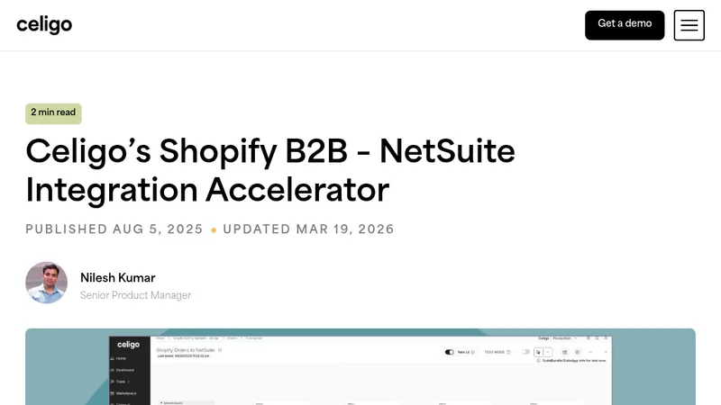 Celigo article page for its Shopify B2B–NetSuite Integration Accelerator, showing a screenshot of the integration interface