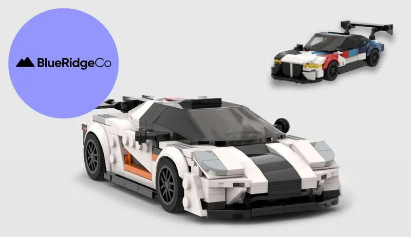 BlueRidgeCo logo with brick-built toy sports cars, from Channelwill's BlueRidge Shopify case study