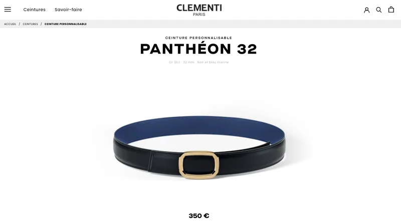Customisable belt product page on the CLEMENTI PARIS Shopify store, configurator work by EXPERTIFY