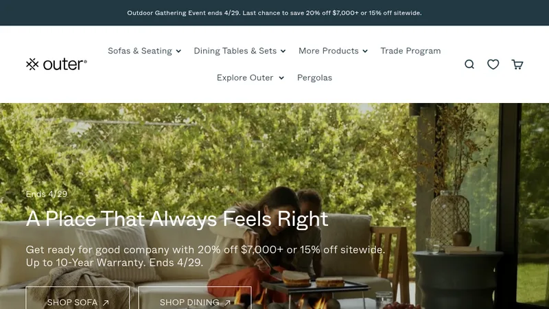 Homepage of the Outer outdoor furniture Shopify store, a brand and eCommerce strategy client of adQuadrant