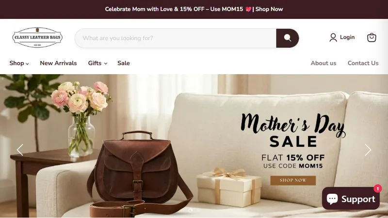 Homepage of the ClassyLeatherBags Shopify store built by Adscrey