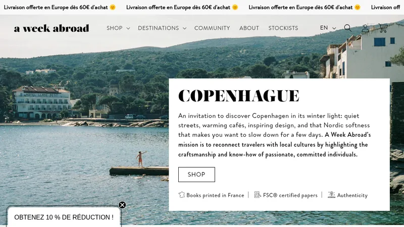 Homepage of the A Week Abroad slow travel Shopify store developed by Coline Cervellin
