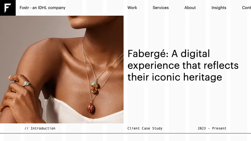 Fostr case study cover for Fabergé, showing a model wearing Fabergé egg pendant necklaces and a ring