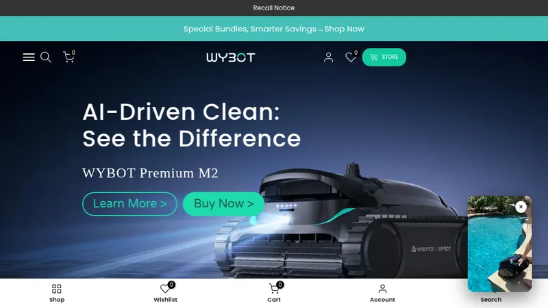 Homepage of the WYBOT robotic pool cleaner Shopify store, from jixindesign's portfolio