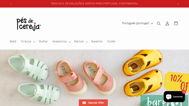 Homepage of the Pés de Cereja Shopify footwear store developed by Ativait Agency