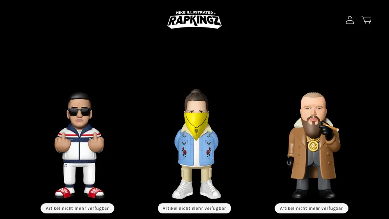 Homepage of the RAPKINGZ Shopify store with three rapper figures, set up by RIANTHIS