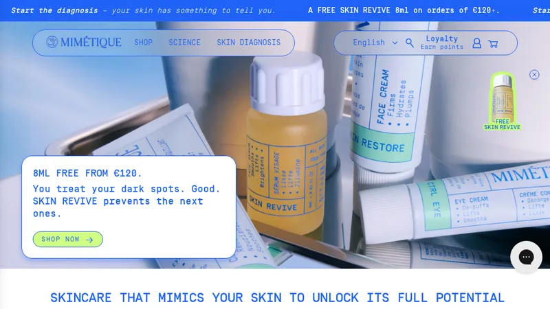 Homepage of the Mimétique skincare Shopify store with a custom theme by Bnz(ed)