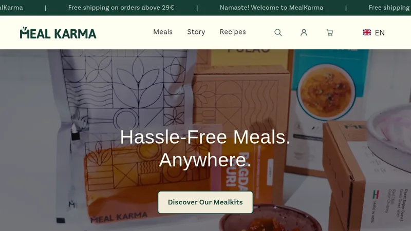 Homepage of the Mealkarma Shopify store for ready-to-cook meals, built by Ahura Technosoft