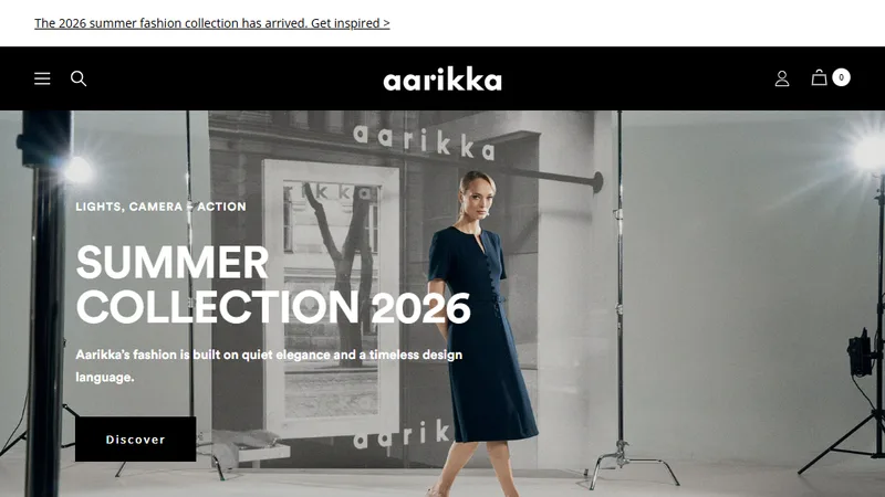 Homepage of the Aarikka Shopify fashion store, supported and maintained by Sofokus Oy
