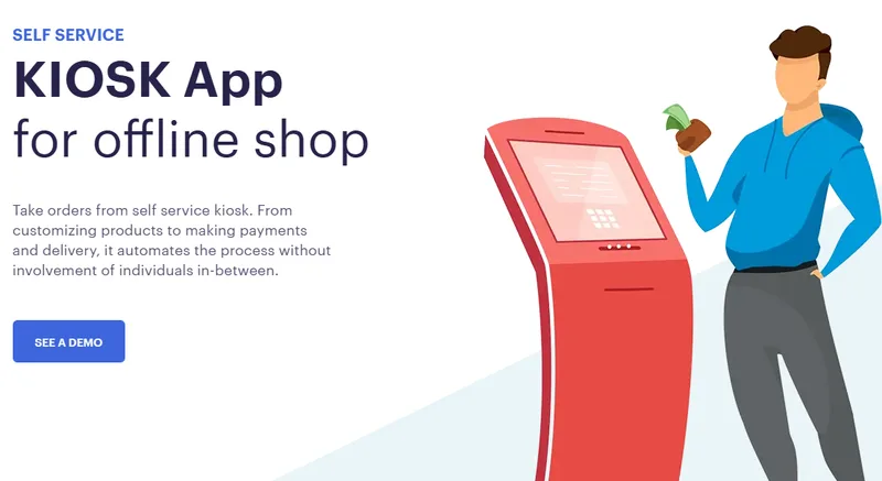 ImprintNext kiosk app page showing a self-service kiosk for offline shops