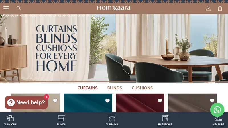 Homepage of the Homekaara Shopify store for curtains, blinds and cushions, a project by Majestea Marketing