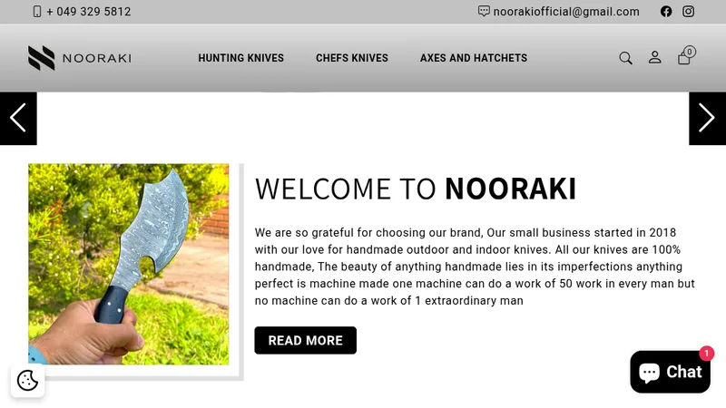 Homepage of the Nooraki knives Shopify store built with a custom design by eStoreSeller