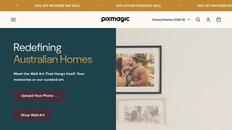 Homepage of the Pixmagic Shopify store for photo and curated wall art, a marketing client of Elevyn