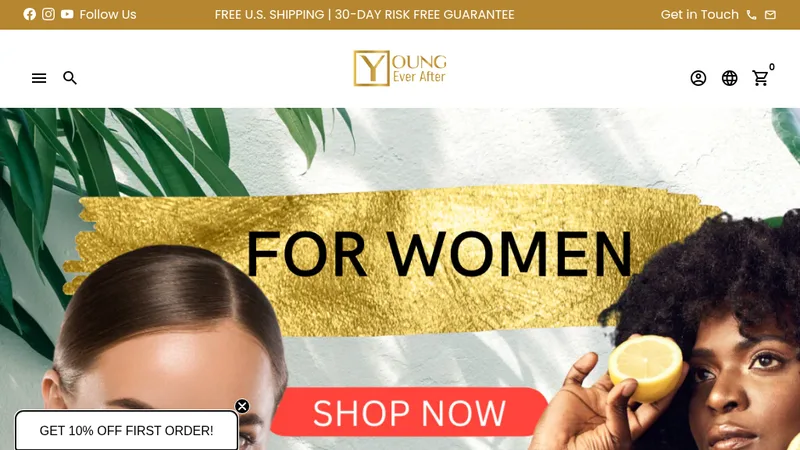 Homepage of the Young Ever After plant-based skincare Shopify store launched by TechNWeb, Inc.