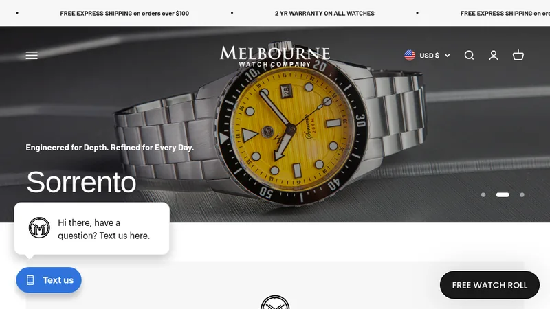 Homepage of the Melbourne Watch Company Shopify store rebuilt on Shopify 2.0 by DSGN✻