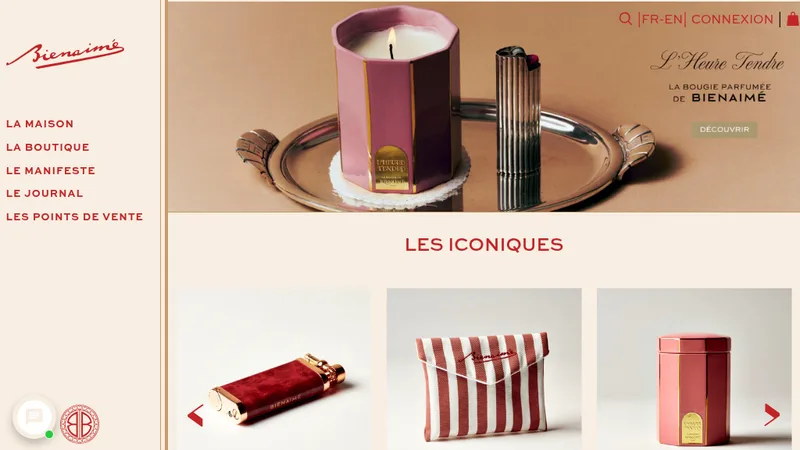 Homepage of the Bienaimé perfume house Shopify store built by Stellar