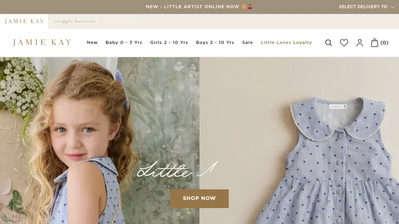 Homepage of the Jamie Kay children's clothing Shopify store