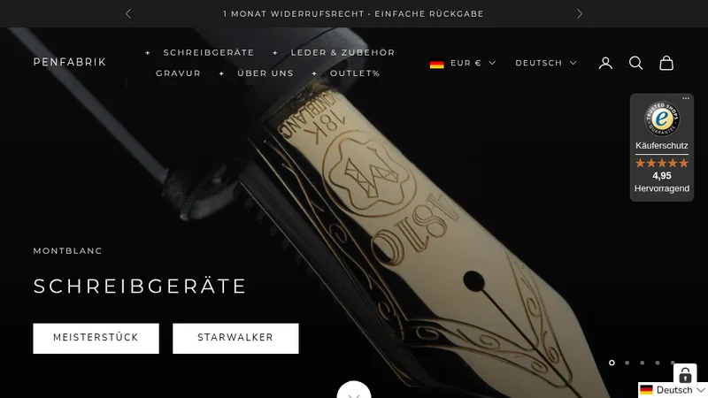 Homepage of the Penfabrik Shopify store for writing instruments, developed by HDC Digital GmbH