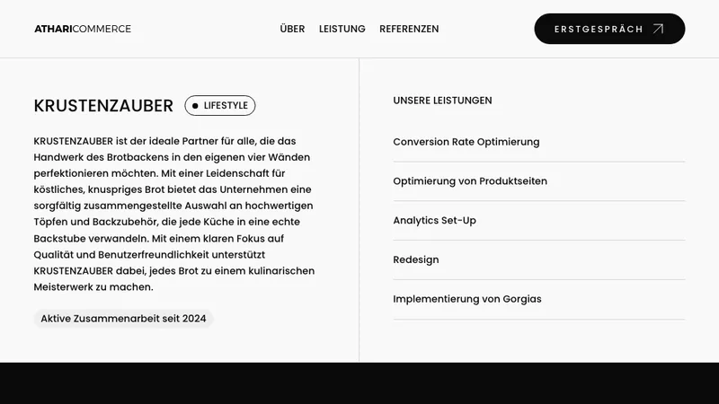 AthariCommerce case study page for KRUSTENZAUBER listing redesign, CRO, product page, analytics and customer service tool work