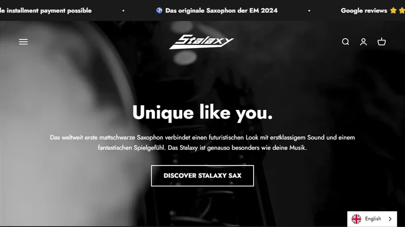 Homepage of the Stalaxy Sax one-product Shopify store built by J.H Concept E-Commerce & Webdesign