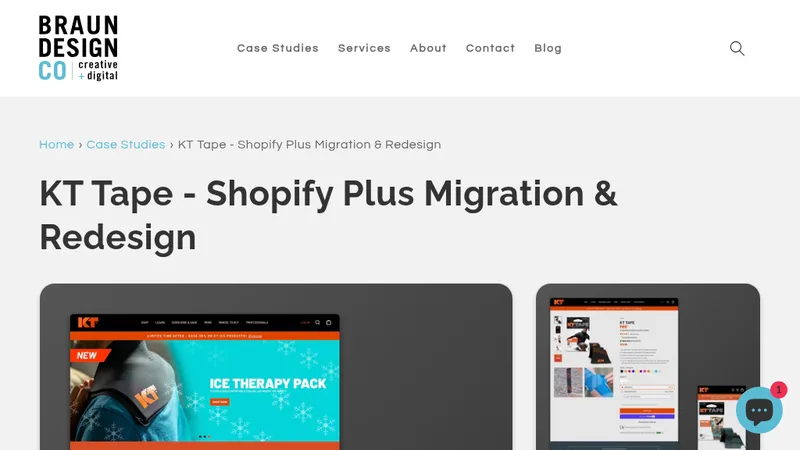 Braun Design Co case study page showing KT Tape Shopify Plus homepage and product page mockups