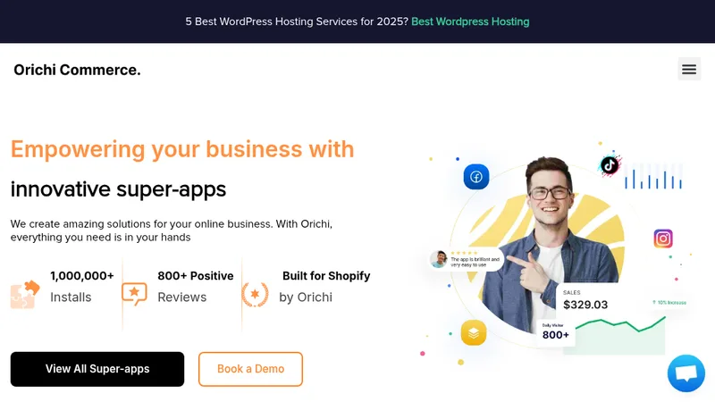 Homepage of the Orichi Commerce website, which presents ORICHI's apps for Shopify