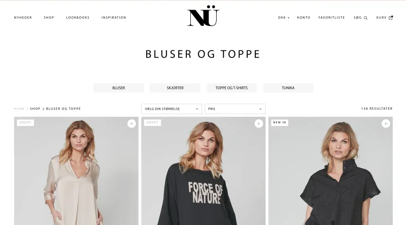 Blouses and tops category page of the NÜ Denmark Shopify store redesigned by 8Kilo