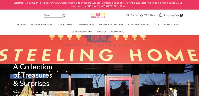 Homepage of the Steeling Home Shopify store showing its header and category menu