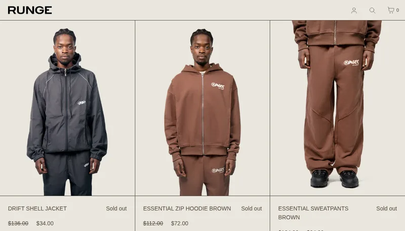 Product grid on the Runge Shopify fashion store, a UI/UX development project by OkayScale ApS