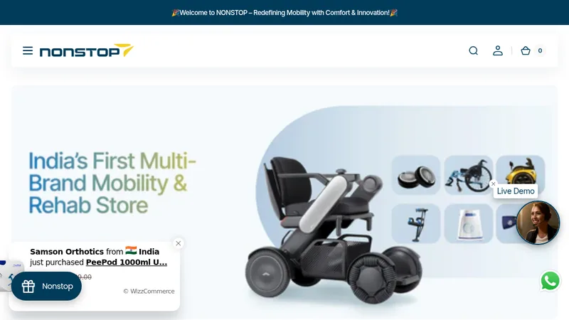 Homepage of the NONSTOP mobility and rehab Shopify store developed by Triangle Business Intelligence Pvt. Ltd.